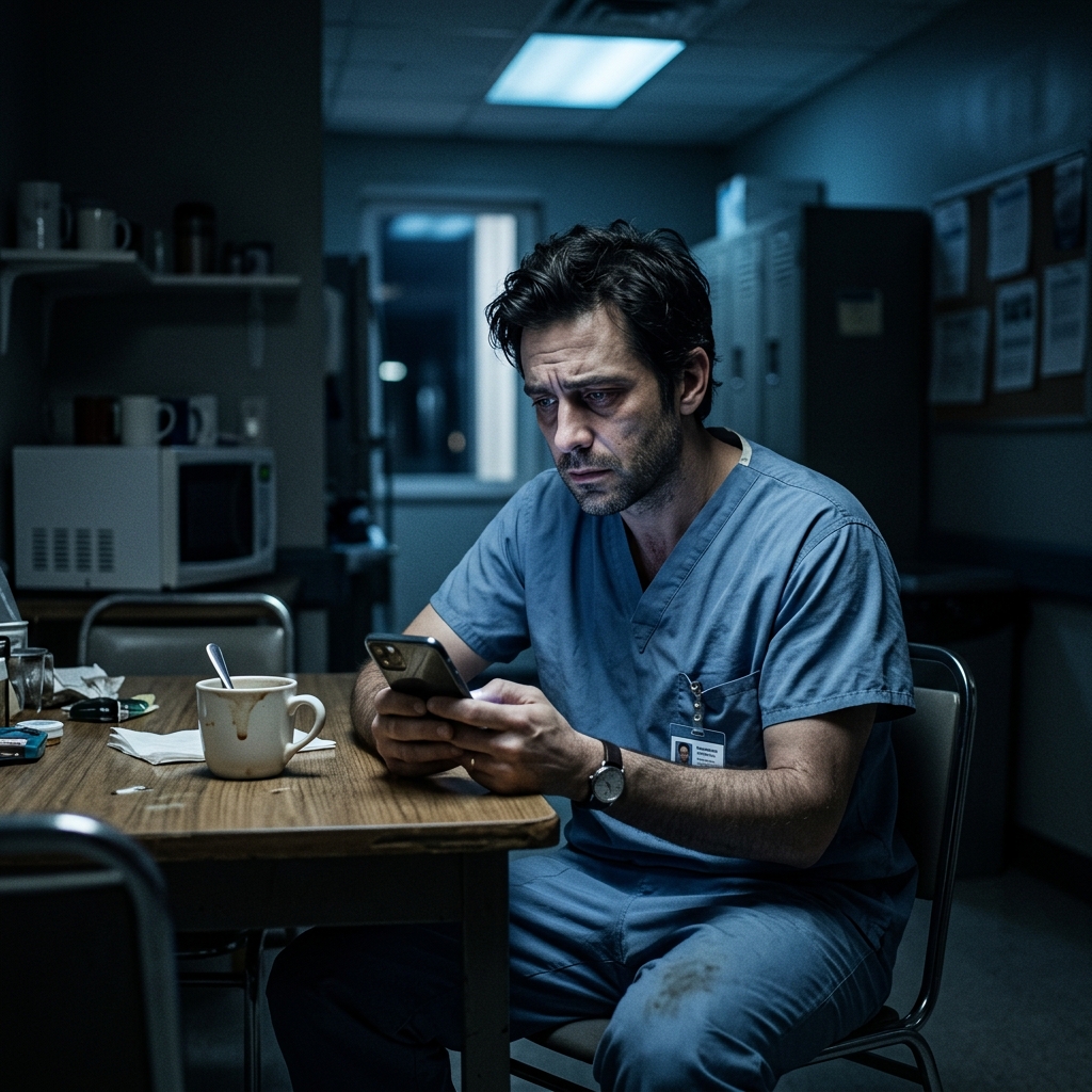 M&eacute;dico exausto olhando o celular durante plant&atilde;o